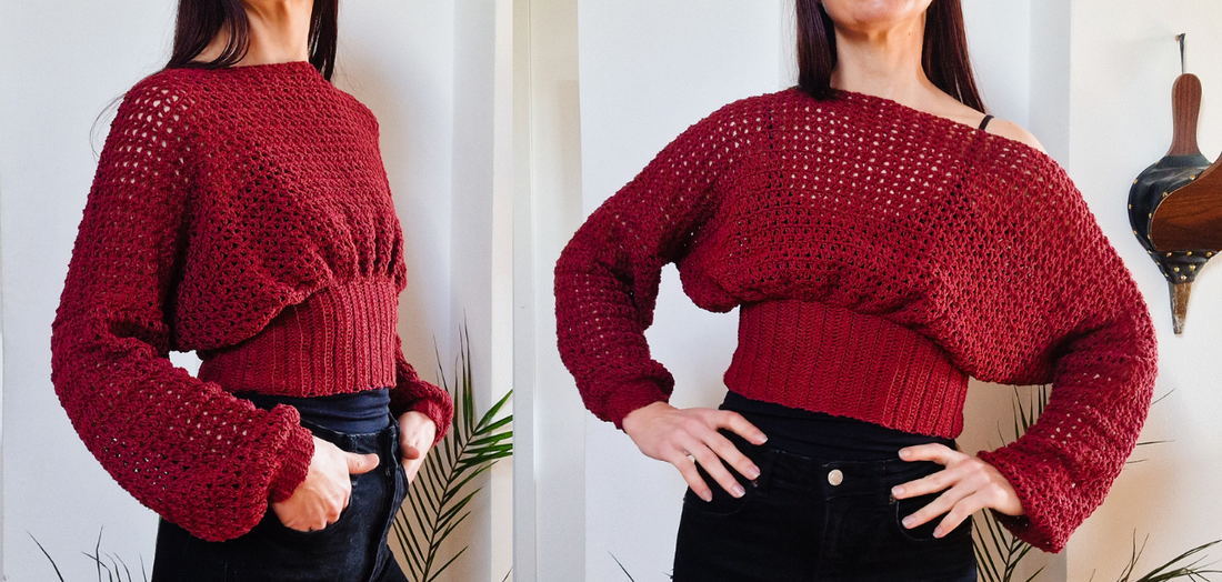 Crochet Cropped Bishop Sleeve Sweater