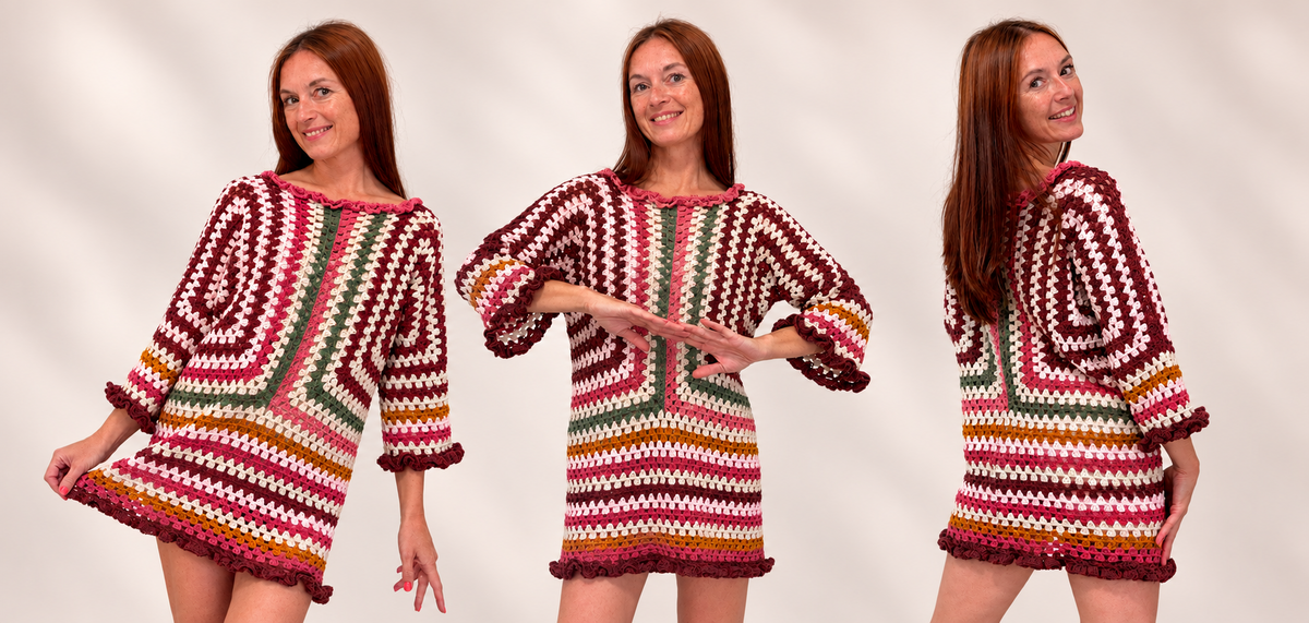 Three views of the colorful Granny Hexagon Dress with granny-stitch stripes and ruffled neckline, cuffs, and hem