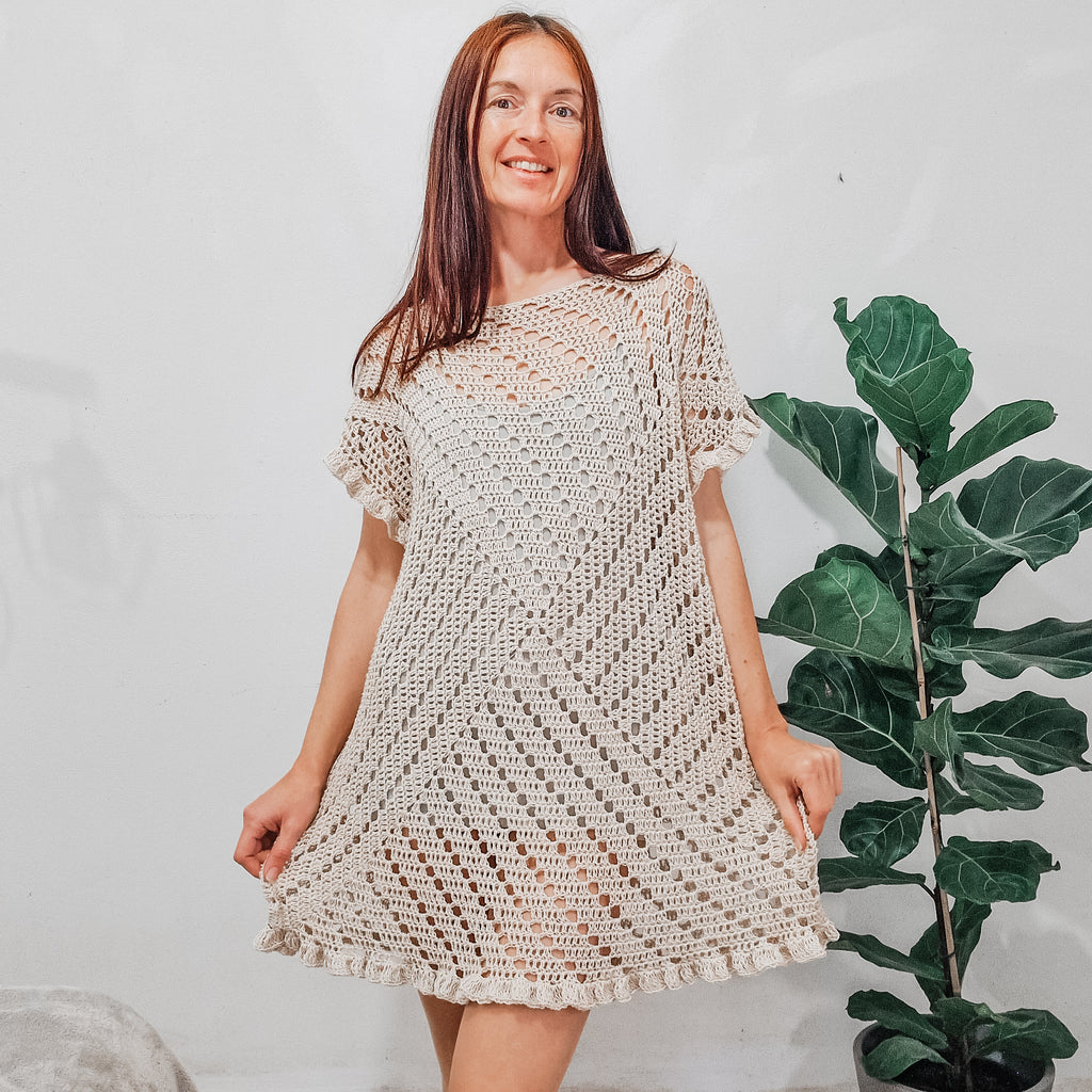 Colorful Granny Square Summer Dress by Loops Only, sleeveless design with vibrant crochet squares, perfect for warm weather.