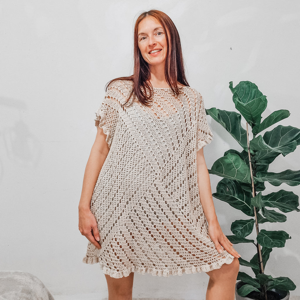 Loops Only Granny Square Summer Dress with colorful crochet pattern, sleeveless design, perfect for warm weather.