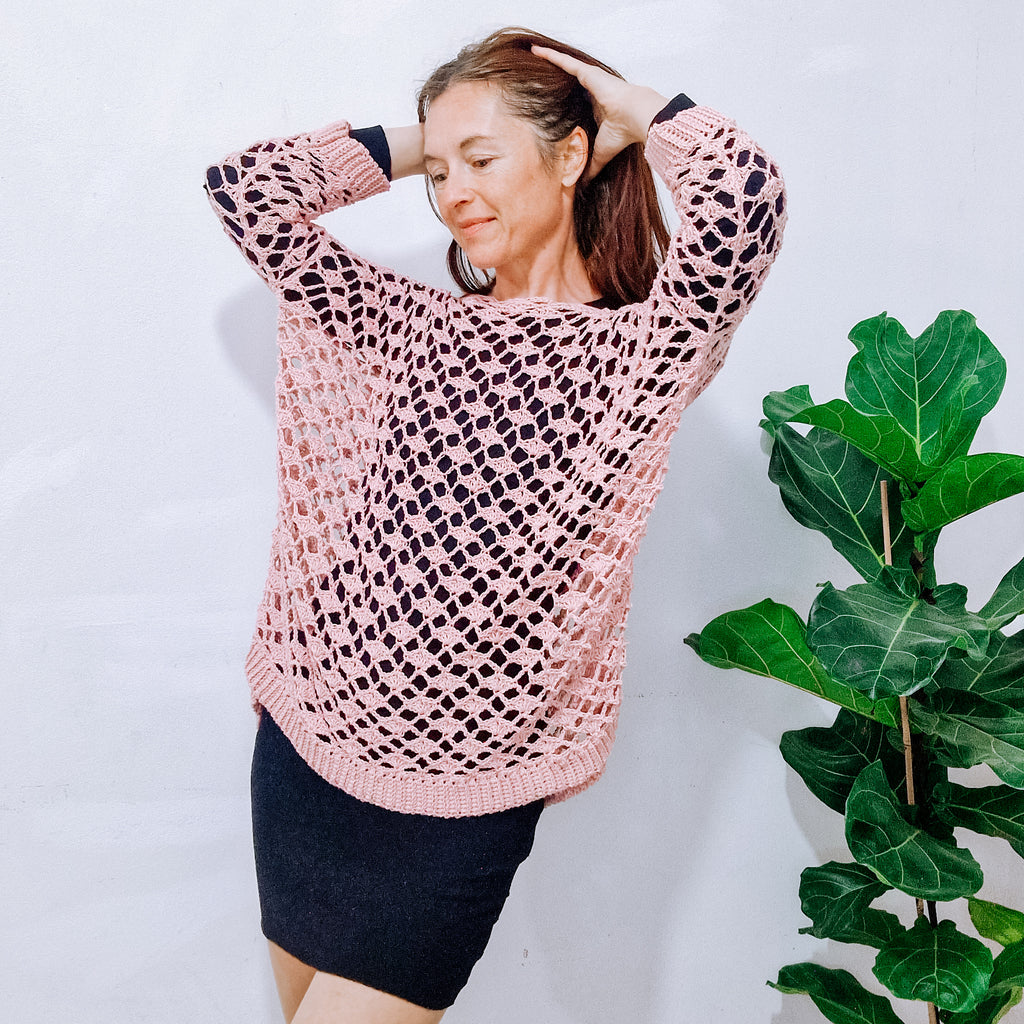 Loops Only oversized summer sweater with rose lace details, lightweight and breathable, perfect for casual warm-weather wear.