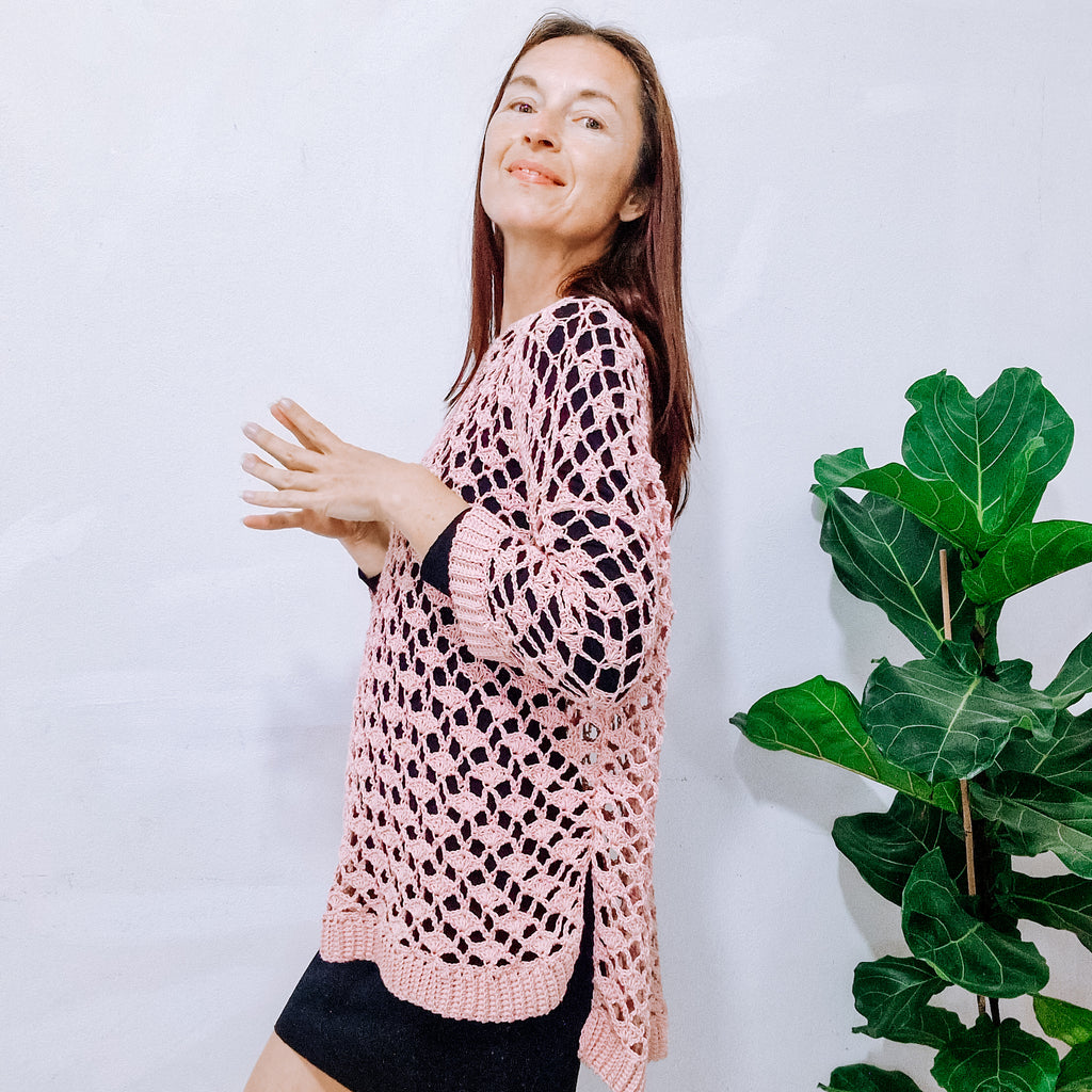 Loops Only rose lace oversized summer sweater with delicate lace details and a relaxed fit, perfect for warm weather.