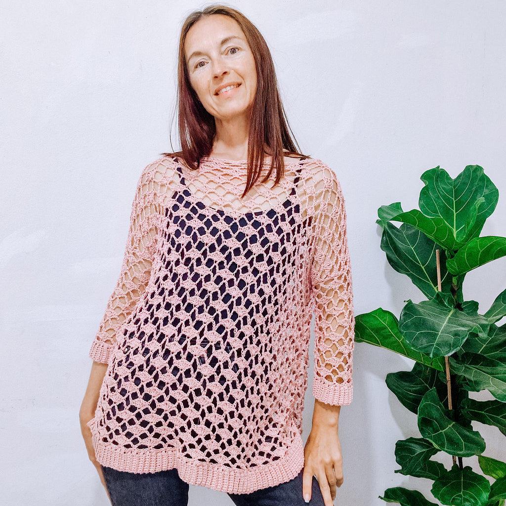 Loops Only rose lace oversized summer sweater with floral lace details and relaxed fit, perfect for casual warm-weather wear.