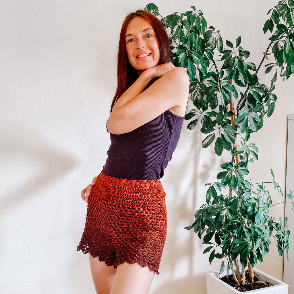 Loops Only Boho Granny Stitch Shorts in neutral tones, featuring a relaxed fit and textured crochet detailing.