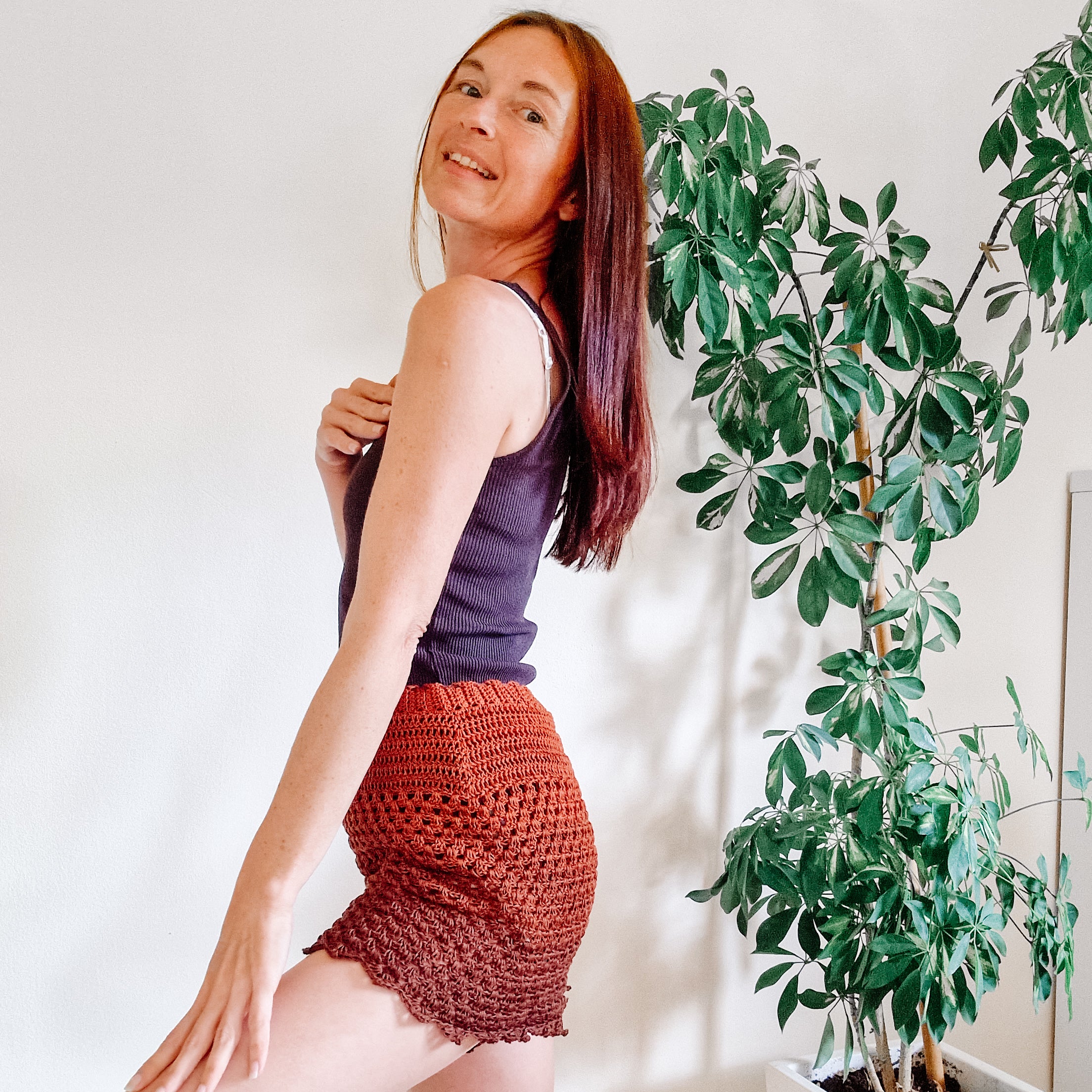 Loops Only Boho Granny Stitch Shorts in earthy tones, featuring a relaxed fit and intricate stitch details.