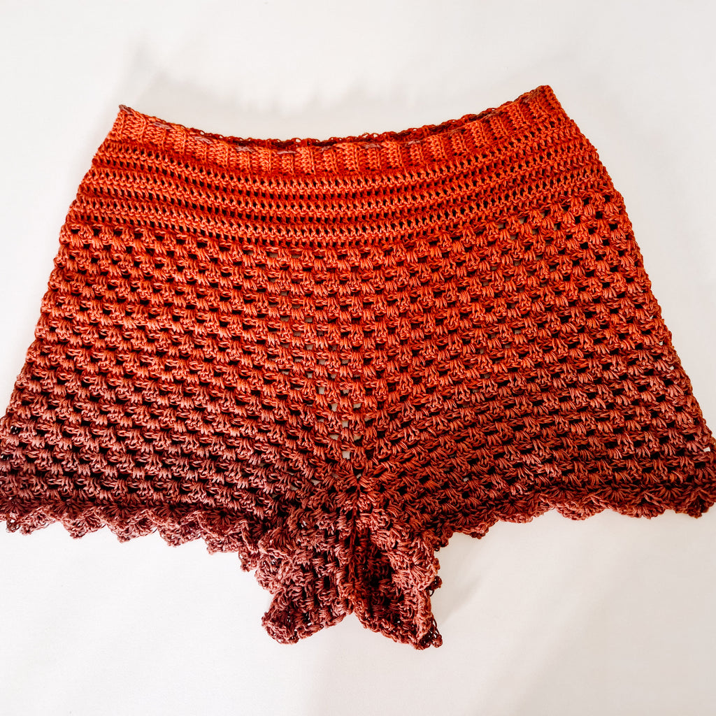 Loops Only Boho Granny Stitch Shorts featuring a relaxed fit and intricate stitch details, perfect for casual summer wear.