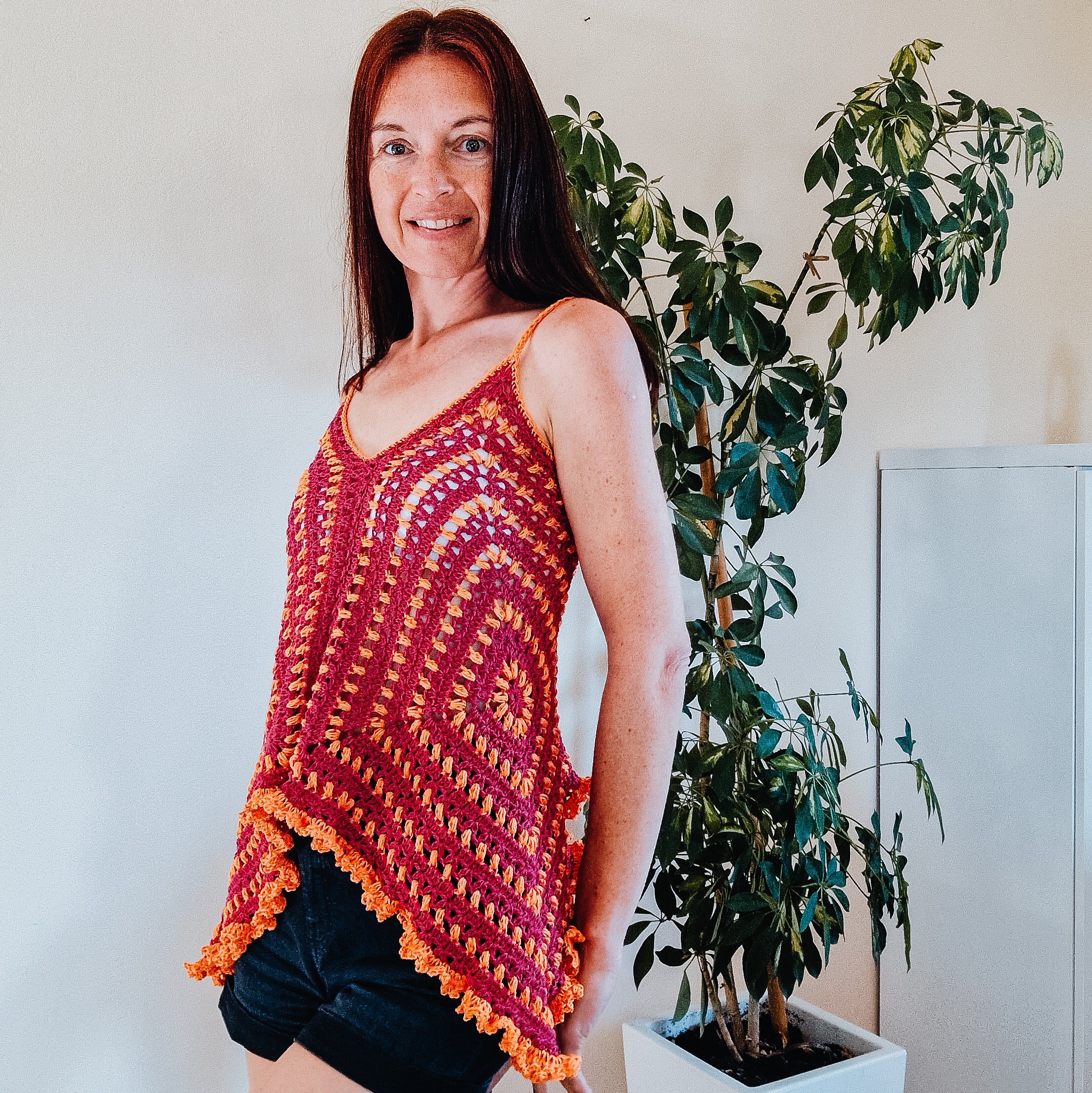 Loops Only Puff Stitch Granny Square Top featuring vibrant colors and textured knit pattern, close-up view of the stylish top.