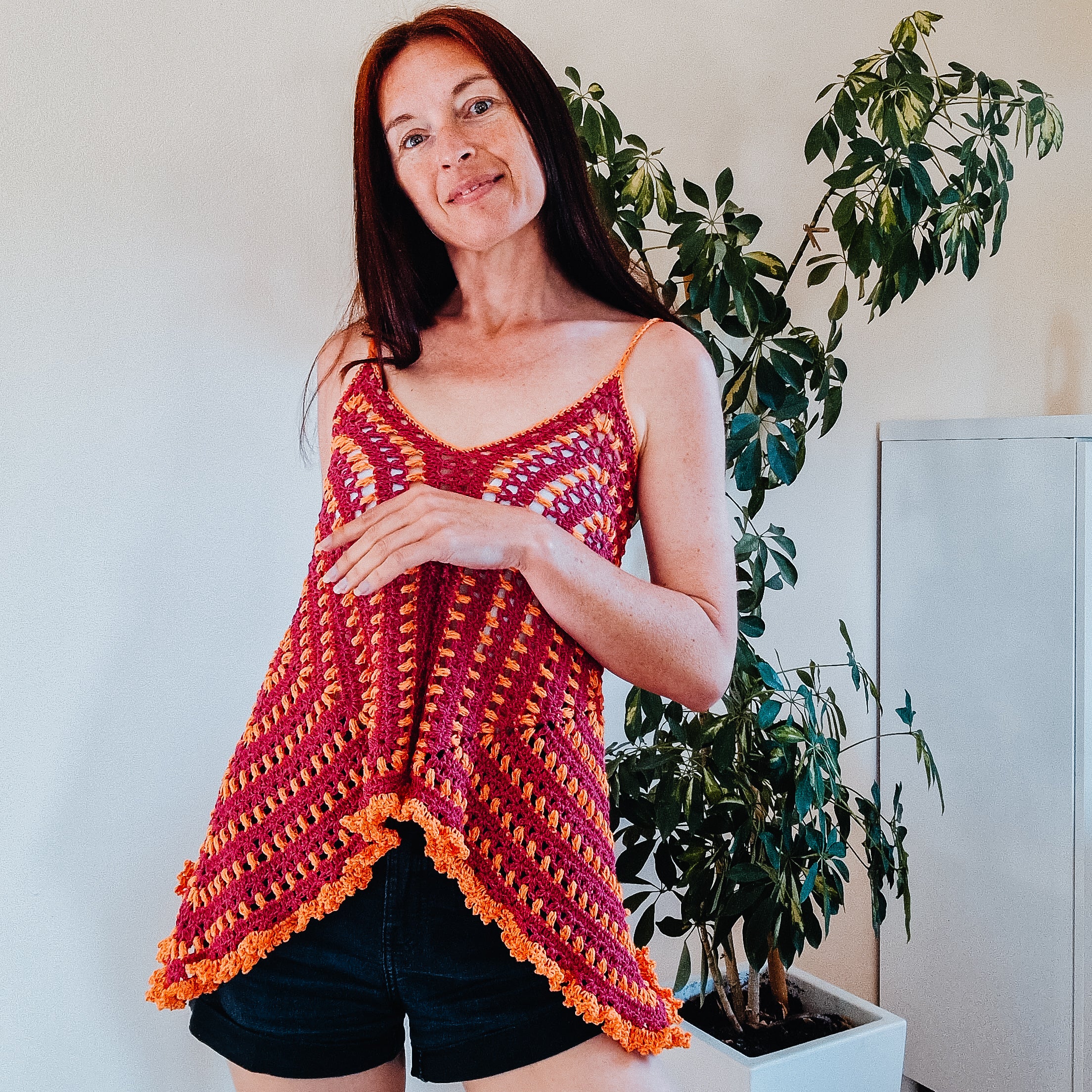 Loops Only Puff Stitch Granny Square Top featuring a colorful crochet pattern and puff stitch details.