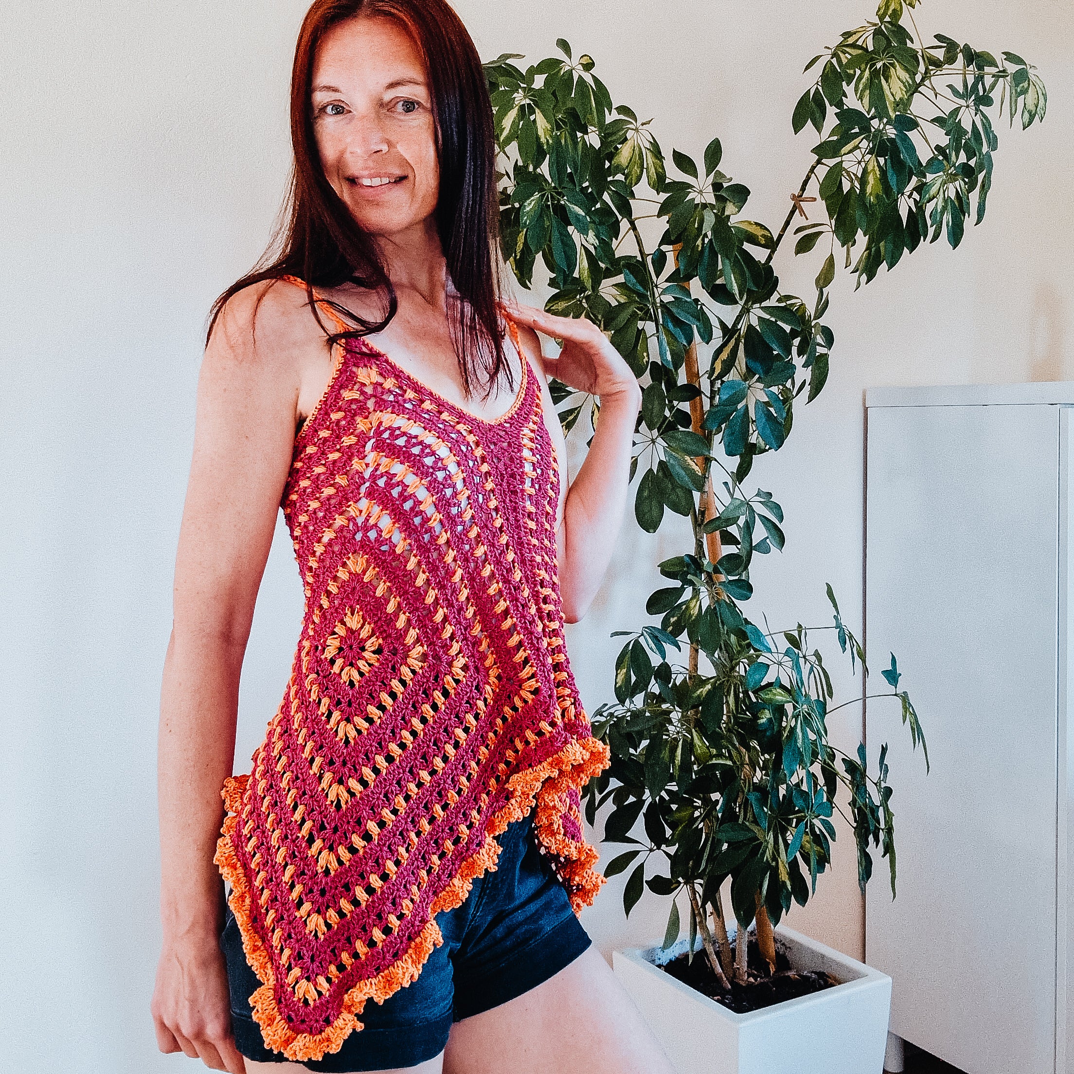 Loops Only Puff Stitch Granny Square Top showing colorful crocheted pattern and fitted sleeveless design.