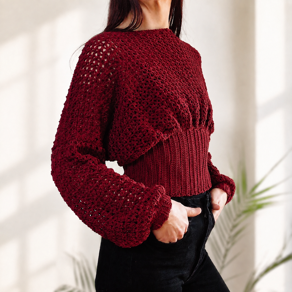 Crochet Cropped Bishop Sleeve Sweater
