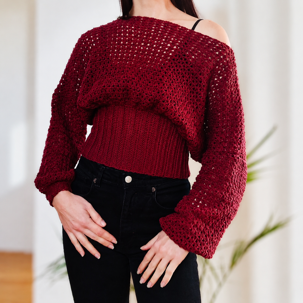 Crochet Cropped Bishop Sleeve Sweater