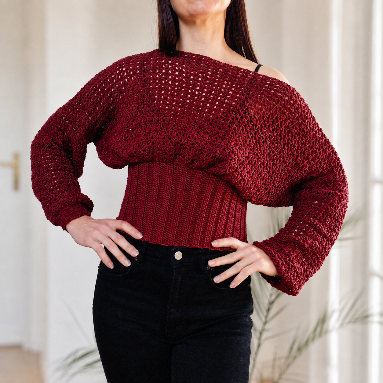 Crochet Cropped Bishop Sleeve Sweater