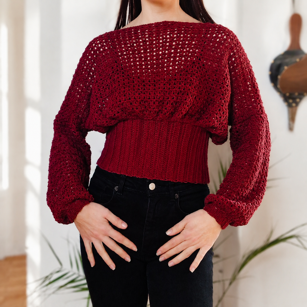 Crochet Cropped Bishop Sleeve Sweater