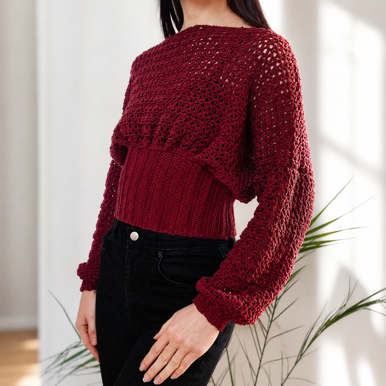 Crochet Cropped Bishop Sleeve Sweater