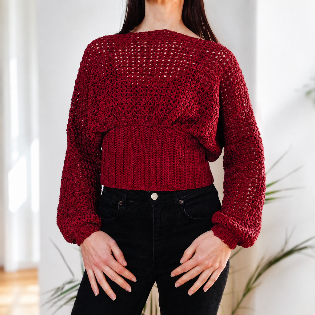 Crochet Cropped Bishop Sleeve Sweater