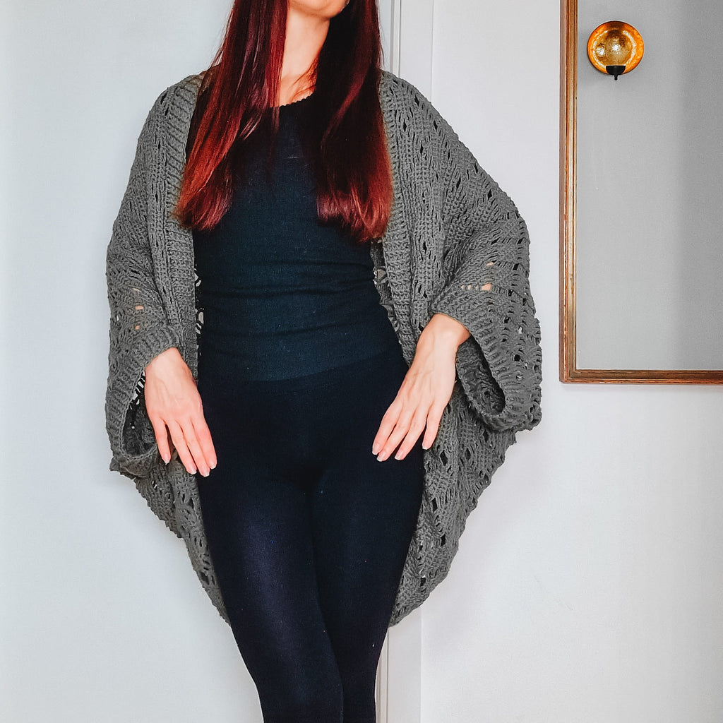 Loop's Sprig Cocoon Cardigan in soft knit fabric, featuring a cozy, oversized design with ribbed cuffs and a relaxed fit.