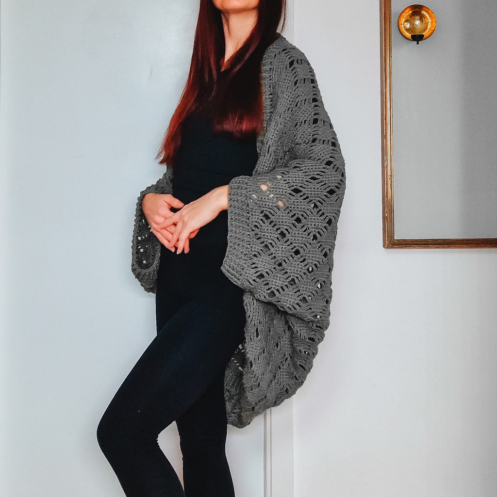 Loops Only Sprig Cocoon Cardigan in soft knit fabric, featuring a relaxed fit and cozy design, shown in a front view.