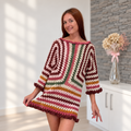 Granny Hexagon Dress with colorful granny-stitch stripes and ruffled edges