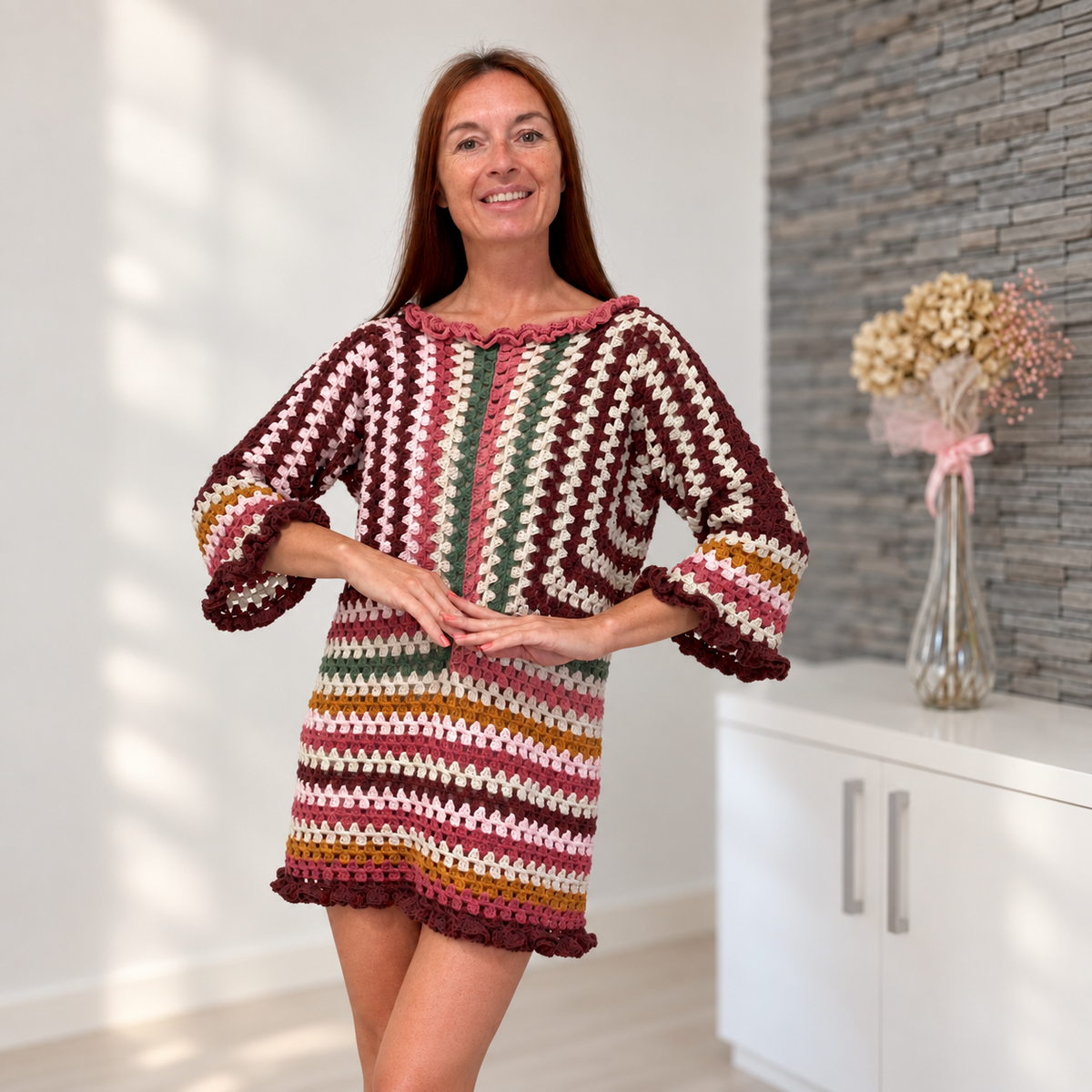 Granny Hexagon Dress with colorful granny-stitch stripes and ruffled edges